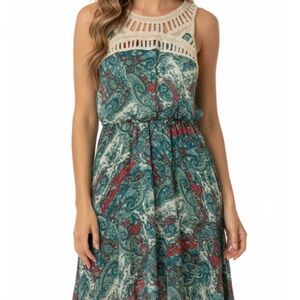 AUW (As U Wish) Crochet Neckline Sleeveless Dress, No Belt,Women’s S,Green White